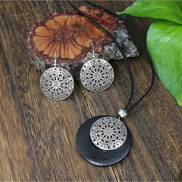 Necklace earring matching mandala boho jewelry set wood alloy combo - Picture 7 of 9